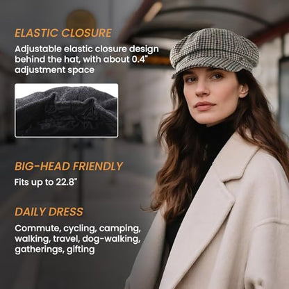 VOBOOM 8 Panel Wool Tweed Newsboy Gatsby Ivy Cap Golf Cabbie Driving Hat - color: Houndstooth Coffee