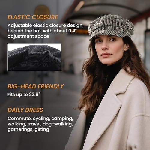 VOBOOM 8 Panel Wool Tweed Newsboy Gatsby Ivy Cap Golf Cabbie Driving Hat - color: Houndstooth Coffee