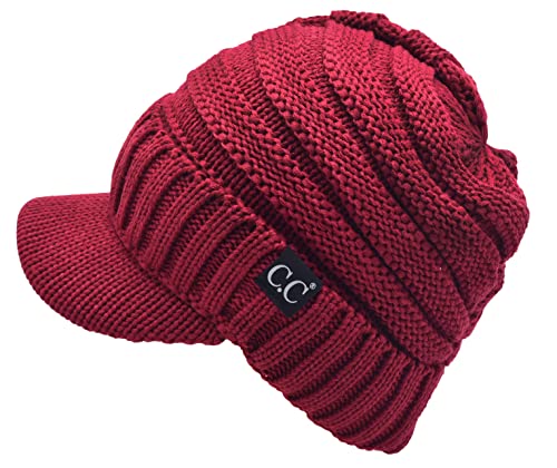 C.C Trendy Warm Oversized Chunky Soft Oversized Ribbed Slouchy Knit Hat with Visor Brim - color: Burgundy