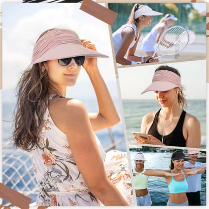 Skicuff 3 Pack Women Sun Visor Hat, Wide Brim Summer Sun Hats UV Protection Beach Ponytail Cap for Golf Hiking Sports - color: Black, White, Pink