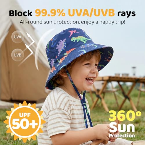 Toddler Bucket Hats UPF 50+ Baby Sun Hat Adjustable Kids Sun Protection Summer Hat Wide Brim Beach Hat for Boys Girls 0-6Y - color: Grey+dinosaur, size: 2-6 Years
