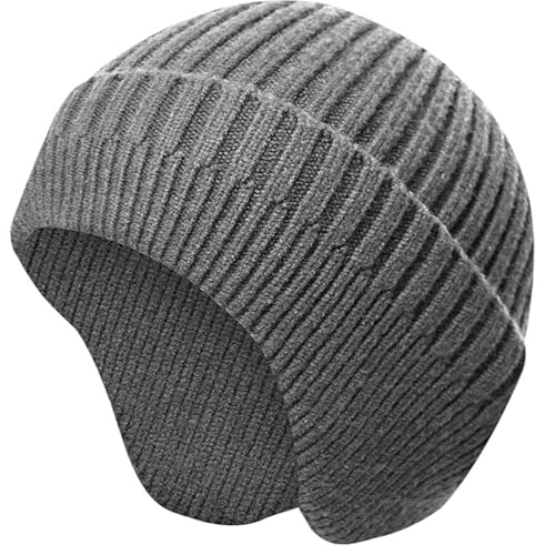 Winter Beanie for Men Women with Earflap, Fleece Lined Beanie Soft Warm Knit Hat Ski Stocking Cuffed Cap - color: Grey