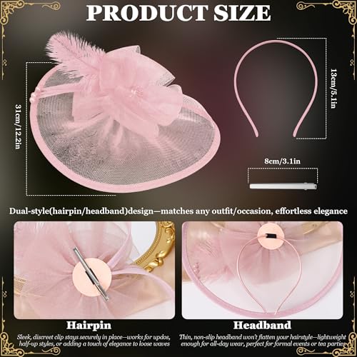 Fascinators Hats for Women Tea Party Hat Vintage Feather Mesh Headband Hair Clip Flower Headwear for Wedding Cocktail Church - color: Pink