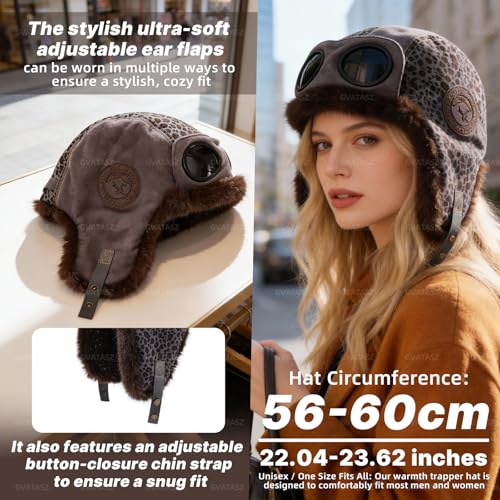 Winter Trapper Hats Leopard Aviator Hat with Goggles Earflaps Russian Trooper Pilot Cap for Men Cold Weather Ski Caps - color: Mg-lfm25121-grey