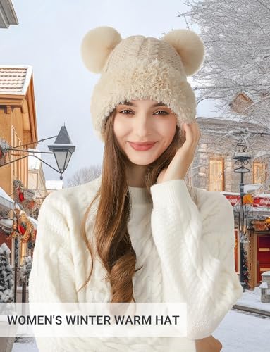FEOYA Womens Knit Winter Beanie Hat with Faux Fur Pompom Fuzzy Cute Knit Fleece Lined Skull Cap - color: Off-white