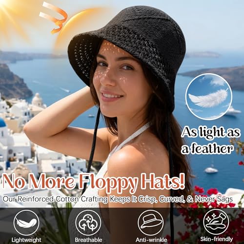 Ababalaya Women’s Lightweight Cotton Crochet Bucket Hat - color: Black