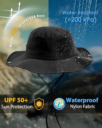 Wide Brim Waterproof Bucket Rain Hat for Women Men UPF50+ Cowboy Sun Hat - color: Ponytail Black