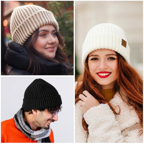 HONGTEYA 3 Pack Winter Beanie for Men Women, Thicken Thermal Plush Lined Beanie Fashion Warm Knit Hat for Cold Weather - color: Black+white+camel