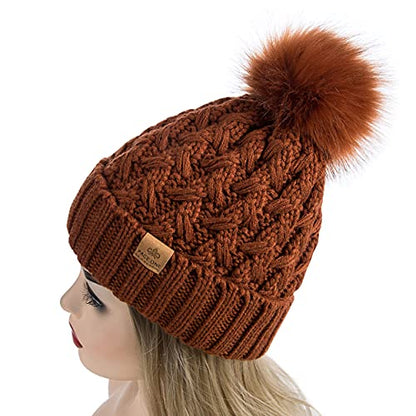 PAGE ONE Womens Winter Ribbed Beanie Crossed Cap Chunky Cable Knit Pompom Soft Warm Hat - color: Brown