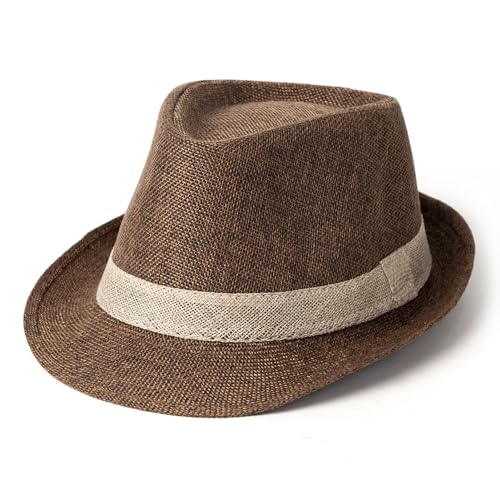 Lisianthus Mens Short Brim Summer Panama Fedora Trilby Sun Hat - color: Coffee With Beige Band