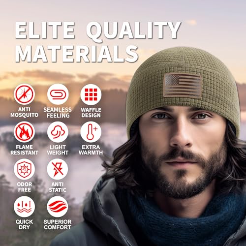 OUTDOOR SHAPING American Leather Flag Fleece Watch Cap, USA Multi-Season Army Military Tactical Beanie, Winter Warm Beanie - color: Army Green