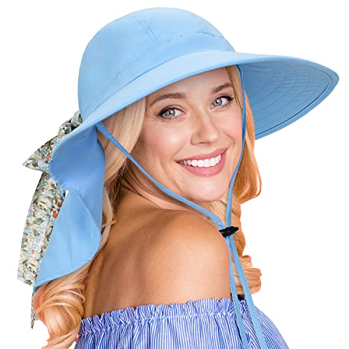 Tirrina Women's Sun Hat Wide Brim, UV Protection Sun Hats for Women - color: Blue W/ Floral Ribbon