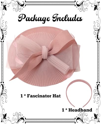 Kidukso Fascinators Hats for Women Derby Hats Tea Party Hat Mesh Headwear with Feather for Church Cocktail Wedding - color: Nude Pink