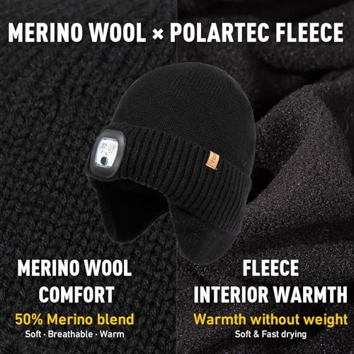 TOP-EX DryKnit™ Waterproof 50% Merino Wool LED Beanie Hat with Ear Flaps - color: Black, size: X-Large-XX-Large