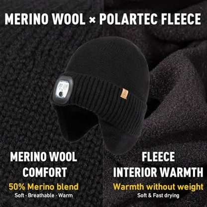 TOP-EX DryKnit™ Waterproof 50% Merino Wool LED Beanie Hat with Ear Flaps - color: Black, size: X-Large-XX-Large