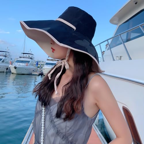HUAMULAN Women Summer Vacation Wide Brim Sun Hat Reversible Fishing Hats - color: M0004-blackbeige