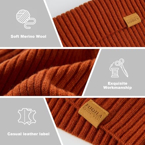 100% Merino Wool Cuff Beanie Hat, Unisex Warm Winter Caps Soft, Breathable & Cozy Stretchy Knitted Cuffed Cap - color: Dark Orange