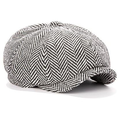 Men's Wool Newsboy Cap 8-Panel Tweed Taxi Hat Herringbone Gatsby Flat Hats - color: Light Gray