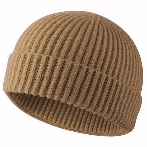 ROYBENS Swag Wool Knit Cuff Short Fisherman Beanie for Men Women Winter Hat - color: 1pcs-light Coffee
