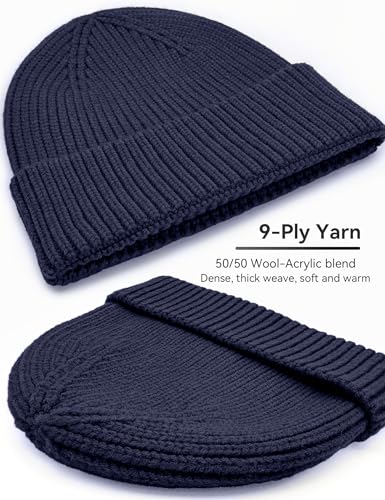 vidsel 50% Wool Thick Beanie Hat Men Women, Seamless Cuffed Winter Knit Cap - color: 1pcs Navy Blue