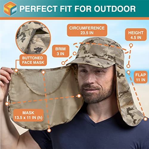 SUN CUBE Fishing Sun Hat with Neck Flap & Face Cover, Wide Brim UPF50+ Cap - color: Camo Grey