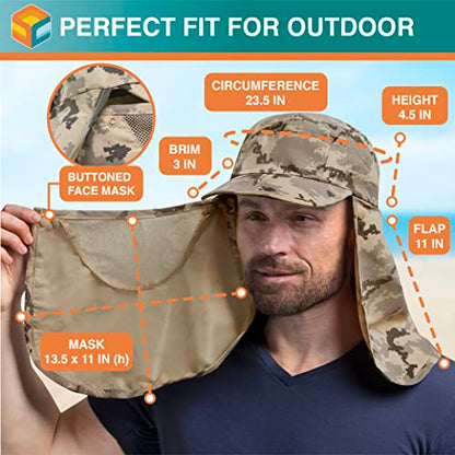 SUN CUBE Fishing Sun Hat with Neck Flap & Face Cover, Wide Brim UPF50+ Cap - color: Camo Grey