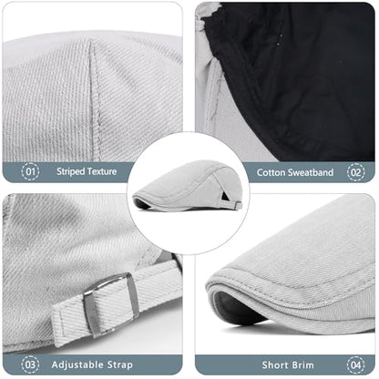 meioro Men's Cotton Newsboy Hat Striped Texture Adjustable Flat Cap - color: Grey