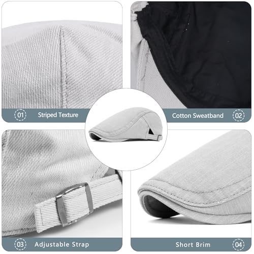 meioro Men's Cotton Newsboy Hat Striped Texture Adjustable Flat Cap - color: Grey