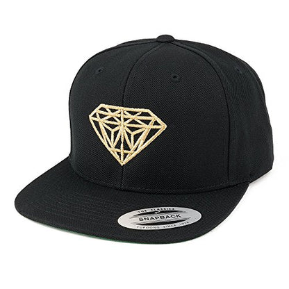 Diamond Embroidered Flat Bill Snapback Cap - color: Black With Metallic Gold Thread