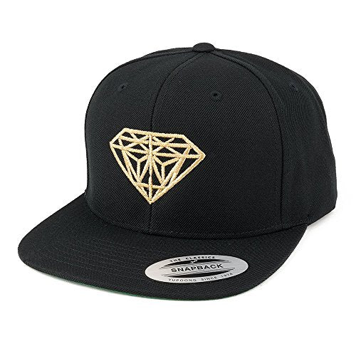Diamond Embroidered Flat Bill Snapback Cap - color: Black With Metallic Gold Thread