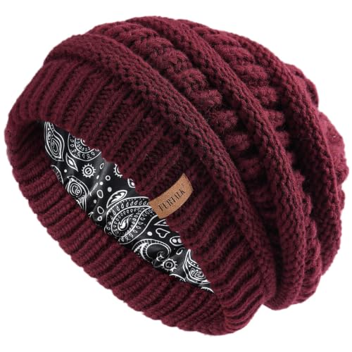 FURTALK Winter Beanie Hat for Women Satin Lined Cable Knit Chunky Slouchy Beanies Skull Warm Cap - color: Aged Brick