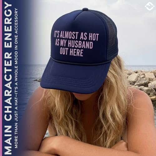 Funky Junque Premium Mesh Snapback Trucker Hat - Stylish Comfort for All - Patriotic, Humor & More - color: It's Almost as Hot as My Husband Out Here - Navy