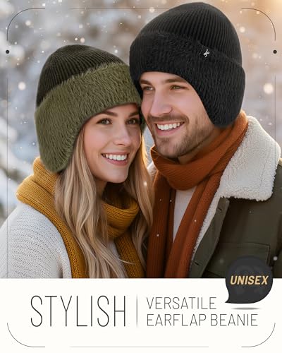 HAMUNI Winter Fleece-Lined Beanie with Earflaps, Warm Windproof Unisex Beanie Hat for Skiing, Hiking & Outdoor Winter Sports - color: Roasted Almonds