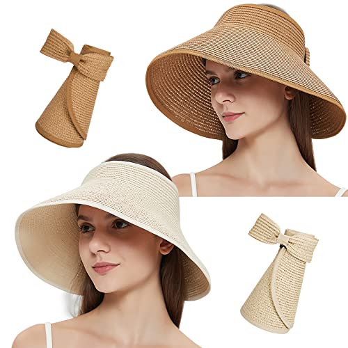 MAYLISACC Foldable Straw Sun Visors for Women, Sun Protecetion Wide Brim Sun Hats Adjustable Topless Beach Hat - color: Khaki+beige