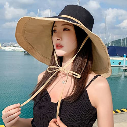 HUAMULAN Women Summer Vacation Wide Brim Sun Hat Reversible Fishing Hats - color: Ag3652-kakhiblack