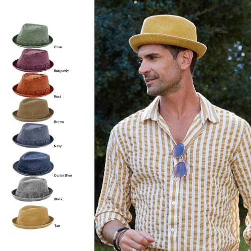 Men's Casual Vintage Style Washed Cotton Fedora Hat - color: Tan, size: Large-X-Large