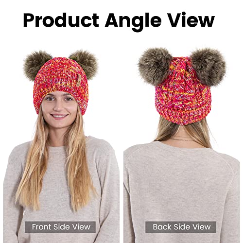 Arctic Paw Pom Pom Beanie Cable Knit Fleece Lined Winter Beanie Women Hat - color: Mix Pink Yellow