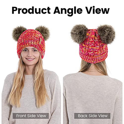Arctic Paw Pom Pom Beanie Cable Knit Fleece Lined Winter Beanie Women Hat - color: Mix Pink Yellow