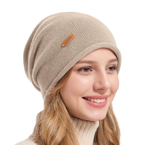 ACUSHLA 100% Merino Wool Slouchy Beanie for Women Men Winter Hat Skull Cap - color: Light Beige