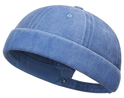 DIYDECAL Vintage Washed Cotton Sailor Docker Cap for Men, Brimless Skull Cap with Classic Retro Style - color: Blue