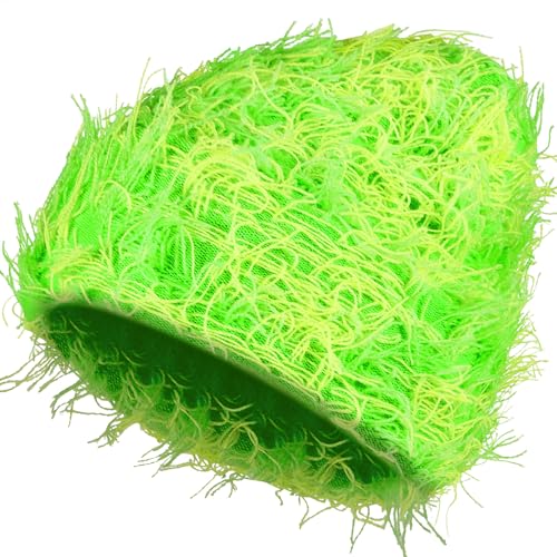 Chuarry Distressed Knitted Beanie Fuzzy Winter Hat - color: Yellow and Green
