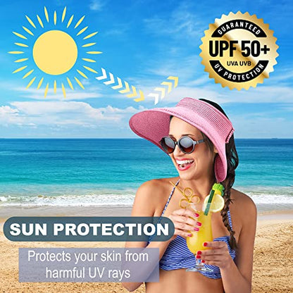 Straw Sun Visor for Women, Wide Brim UPF 50+ Protection Beach Hat, Adjustable, Roll Up Foldable Ponytail Cap with Chin Strap - color: Light Pink