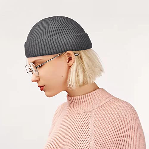 ROYBENS Swag Wool Knit Cuff Short Fisherman Beanie for Men Women Winter Hat - color: 1pcs-gray-thick Double Layer