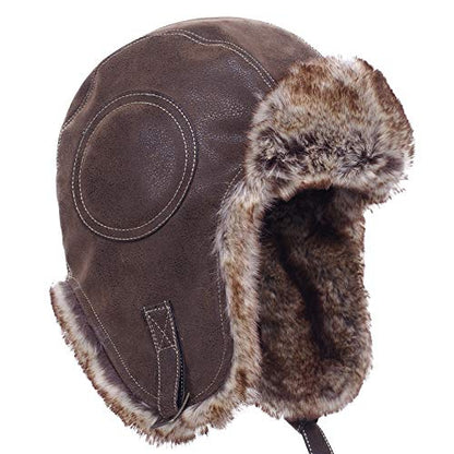 Janey&Rubbins Russian Hat Fur Soviet Ushanka Cossack Winter Cap Earflap Snow Ski Headwear - color: A - Brown/Leather, size: Medium