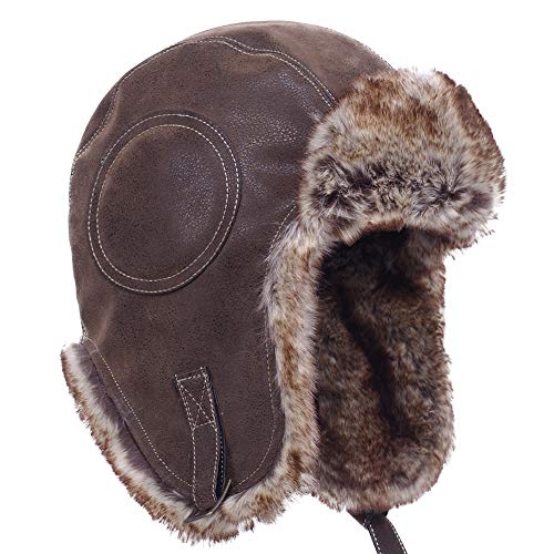 Janey&Rubbins Russian Hat Fur Soviet Ushanka Cossack Winter Cap Earflap Snow Ski Headwear - color: A - Brown/Leather, size: Large