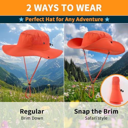 Home Prefer UPF50+ Mens Sun Hat Wide Brim Womens UV Protection Beach Bucket Hat for Fishing Hiking Snap Up Cowboy Hat - color: Orange