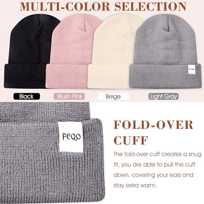 FEQO 4 Pack Satin Lined Winter Beanie Hats Soft Silk Lined Beanies - color: Black, Blush Pink, Light Grey, Beige