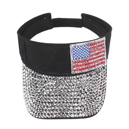 Shiny Rhinestones American Flag Sun Visor Hat Summer Outdoor Open Top Baseball Cap Adjustable Sparkly Party Headwear - color: American Flag - Black