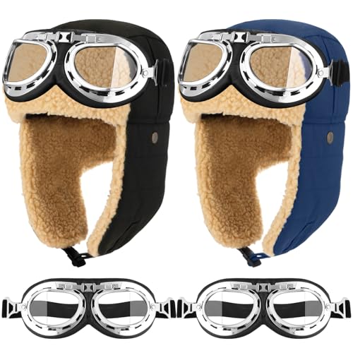 JaGely 4 Pcs Pilot Hat and Goggles Flight Costume Accessories Pilot Helmet Cap with Ear Flaps Hat Adults Winter - color: Blue and Black, style: Classic