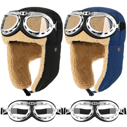 JaGely 4 Pcs Pilot Hat and Goggles Flight Costume Accessories Pilot Helmet Cap with Ear Flaps Hat Adults Winter - color: Blue and Black, style: Classic